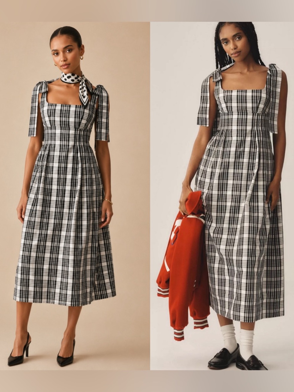 Maeve Square-Neck Tie-Strap Gingham Plaid Midi Dress Size Medium Petite